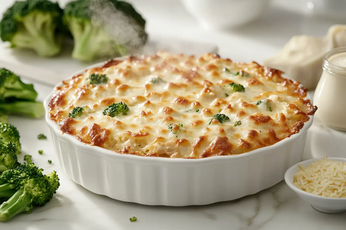 Baked chicken broccoli rice casserole with melted cheese in a ceramic dish