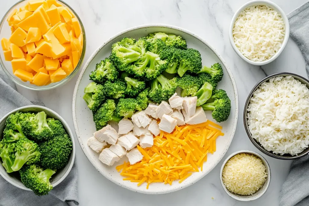 Ingredients for chicken broccoli rice casserole, including chicken, broccoli, rice, and cheese.