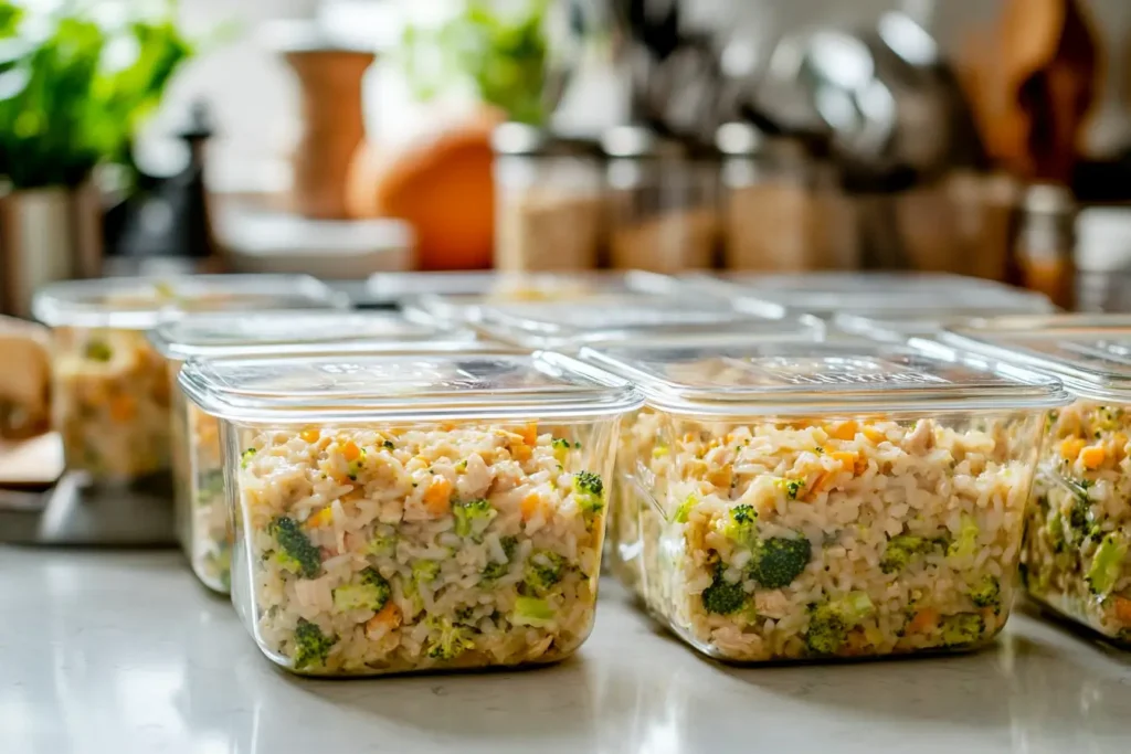 Stored portions of chicken broccoli rice casserole in glass containers.