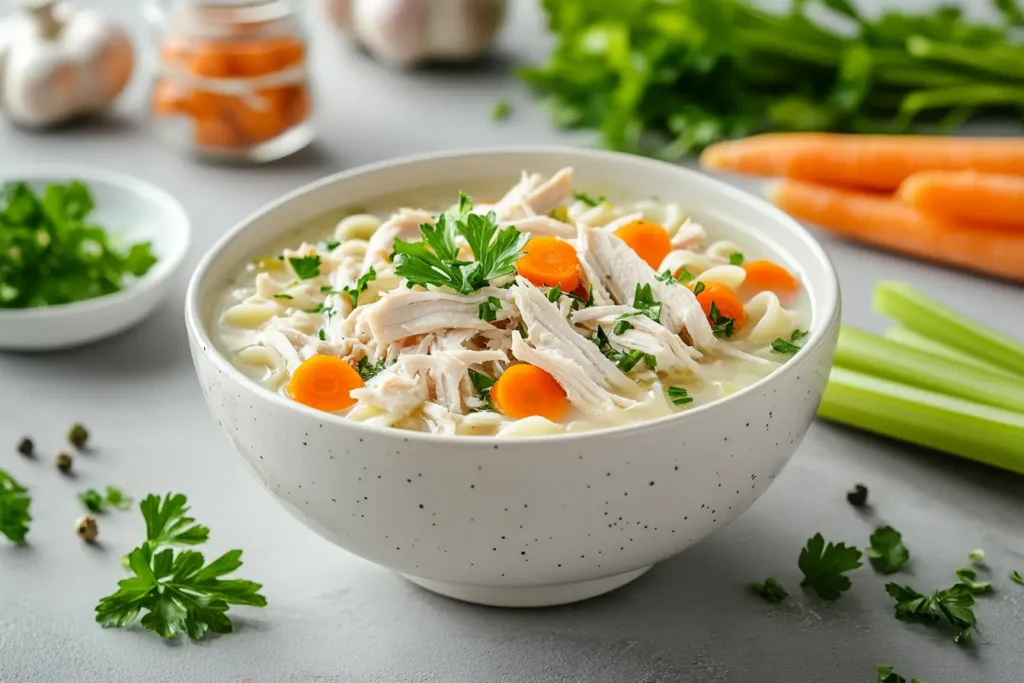 Chicken noodle soup made with Costco rotisserie chicken.