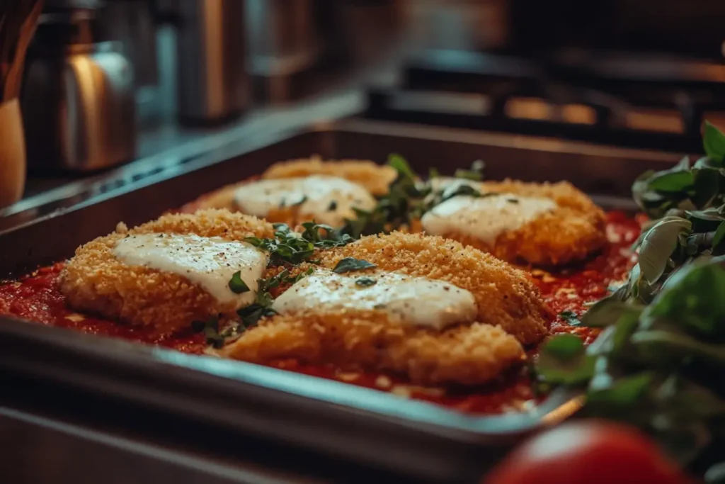 Traditional Italian Chicken Parmigiana preparation.