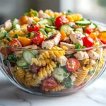 Freshly prepared chicken pasta salad in a glass bowl.