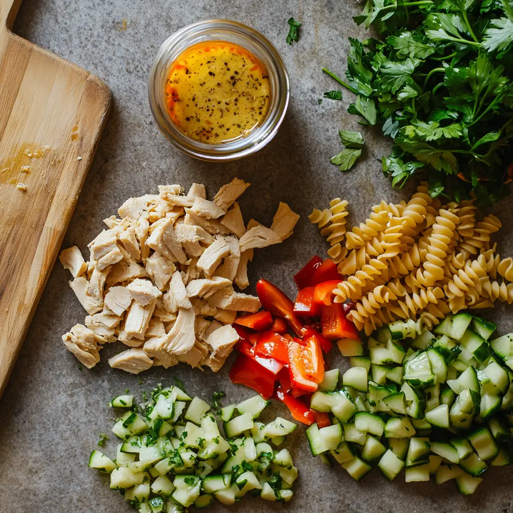 Ingredients for chicken pasta salad on a kitchen countertop.