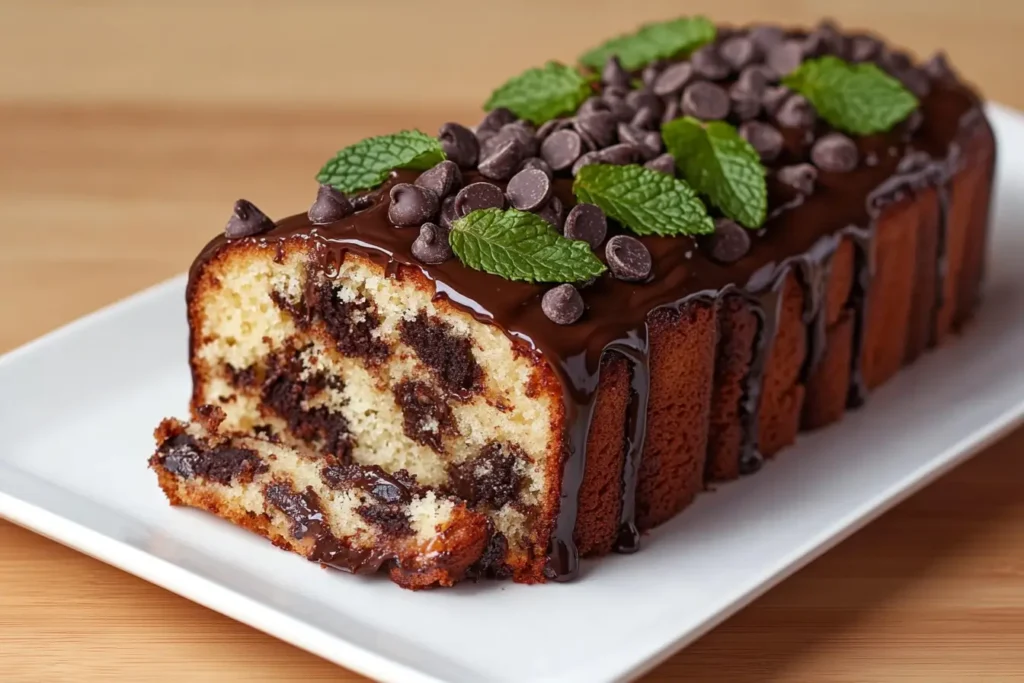 Close-up of a chocolate chip cake recipe garnished with mint and chocolate chips.