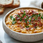 Baked beans in a bowl topped with crispy bacon and parsley