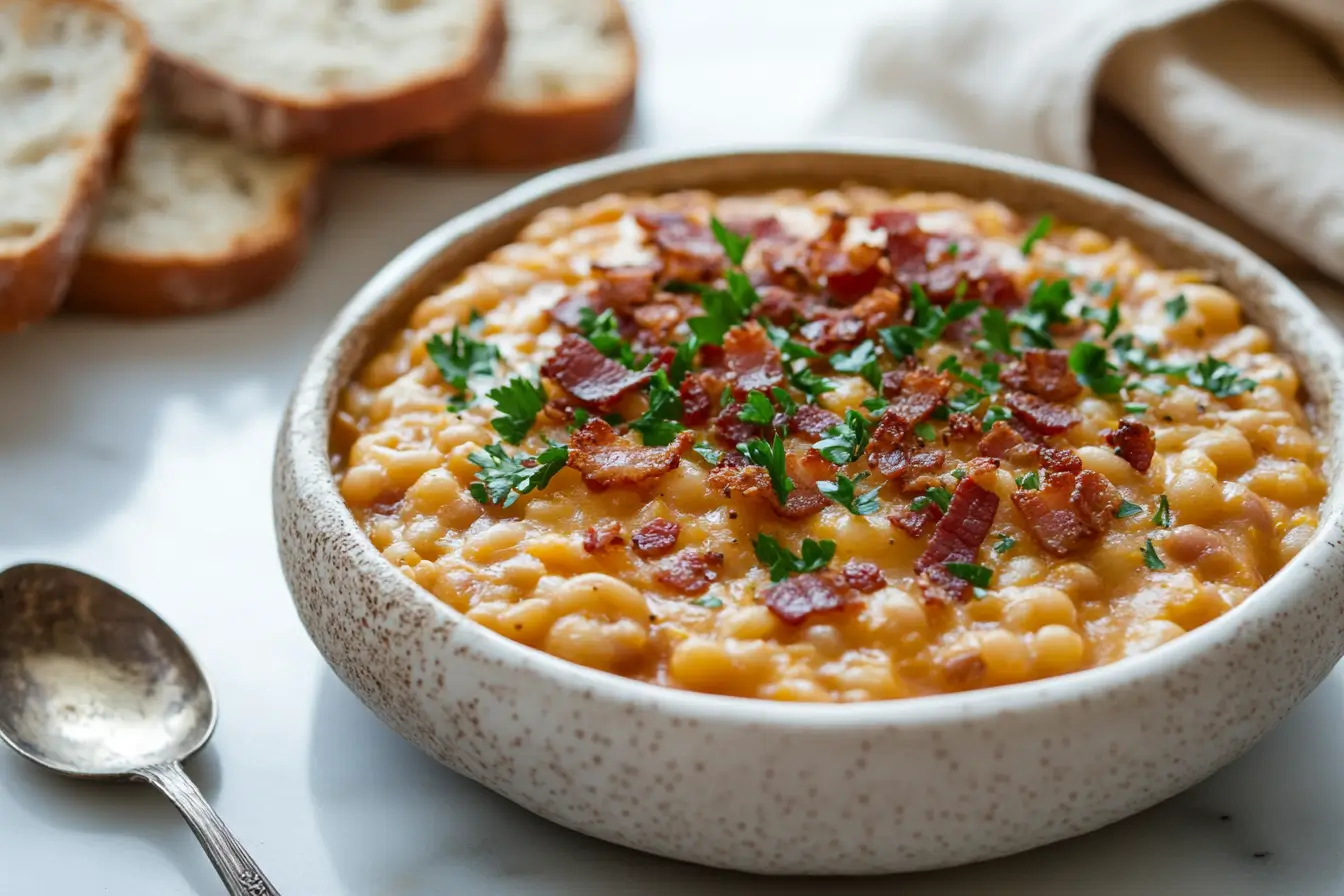 Baked beans in a bowl topped with crispy bacon and parsley