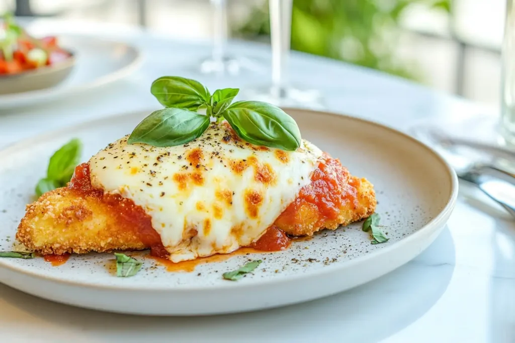 Chicken Parmesan with mozzarella and marinara sauce.