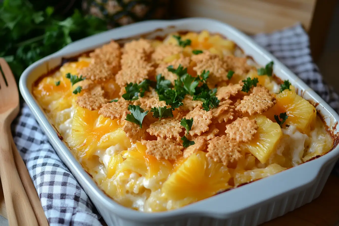 A golden pineapple casserole served in a rustic kitchen setting.