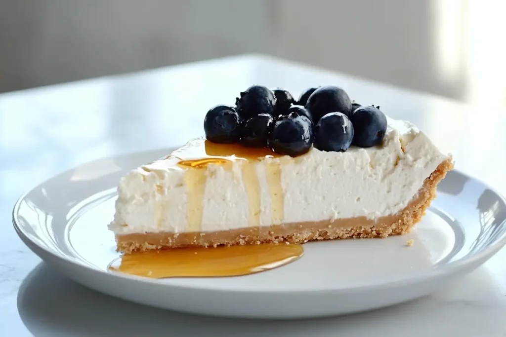 Slice of Protein Cheesecake with Blueberries and Honey