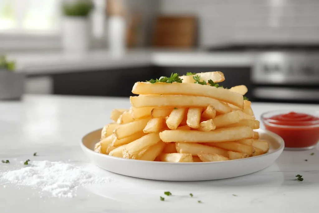 Close-up of crispy golden French fries garnished with parsley on a white marble countertop in a modern kitchen.