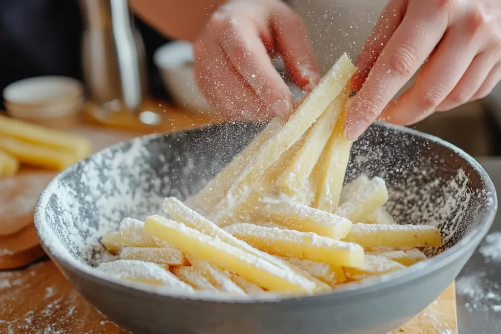  Potato sticks being coated with cornstarch