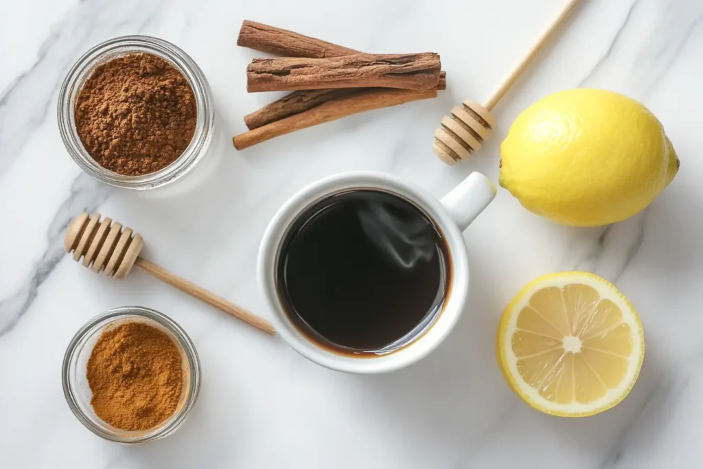 Ingredients for the coffee loophole recipe: black coffee, lemon, cinnamon, honey, cayenne pepper, and stevia on a rustic wooden table