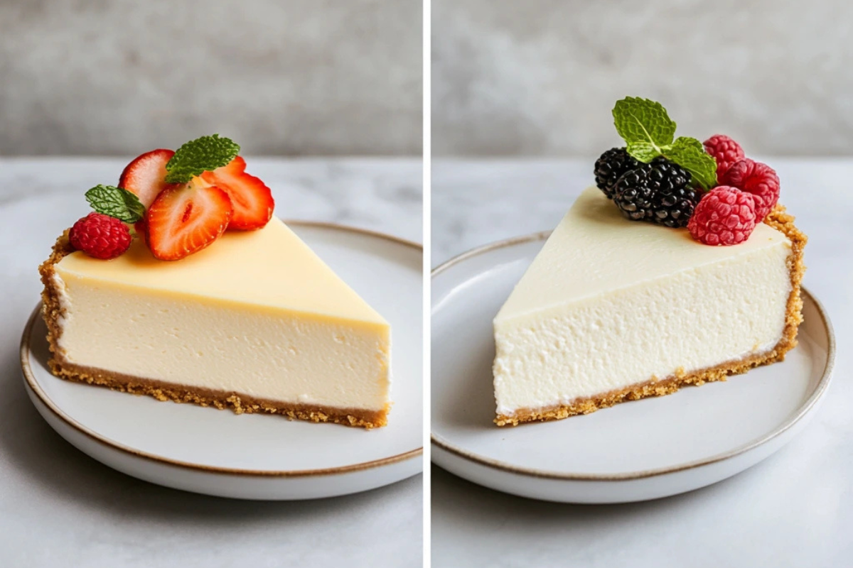 What's the difference between cheesecake and French style cheesecake? Comparing cheesecake and French style cheesecake slices side by side.