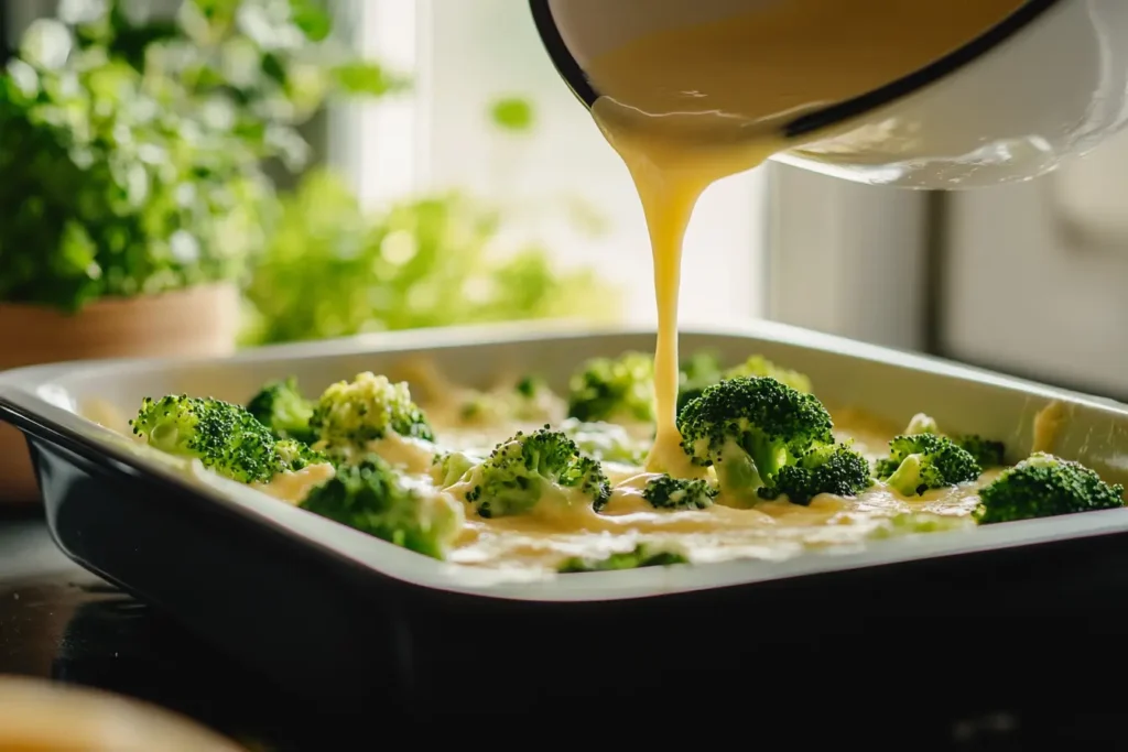 Cheese sauce being poured over broccoli florets in a casserole dish, highlighting convenience.