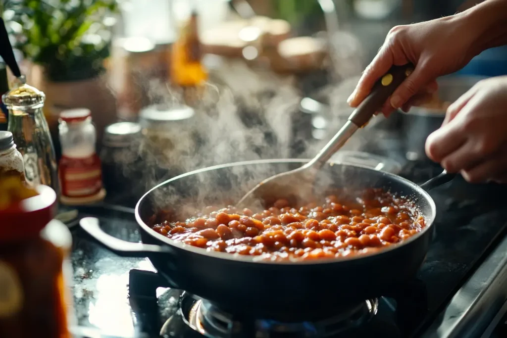 Hands stirring a pot of baked beans on a stovetop