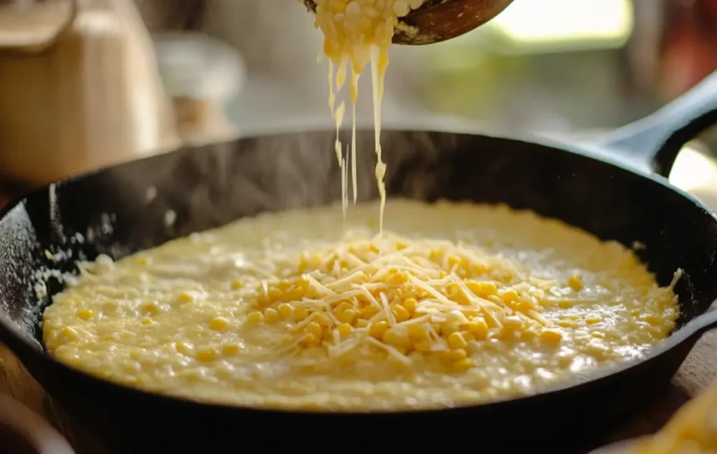 Cornbread batter with mix-ins being poured into a skillet.