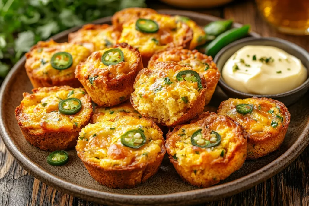 Cornbread muffins with jalapeños and honey butter on a plate.