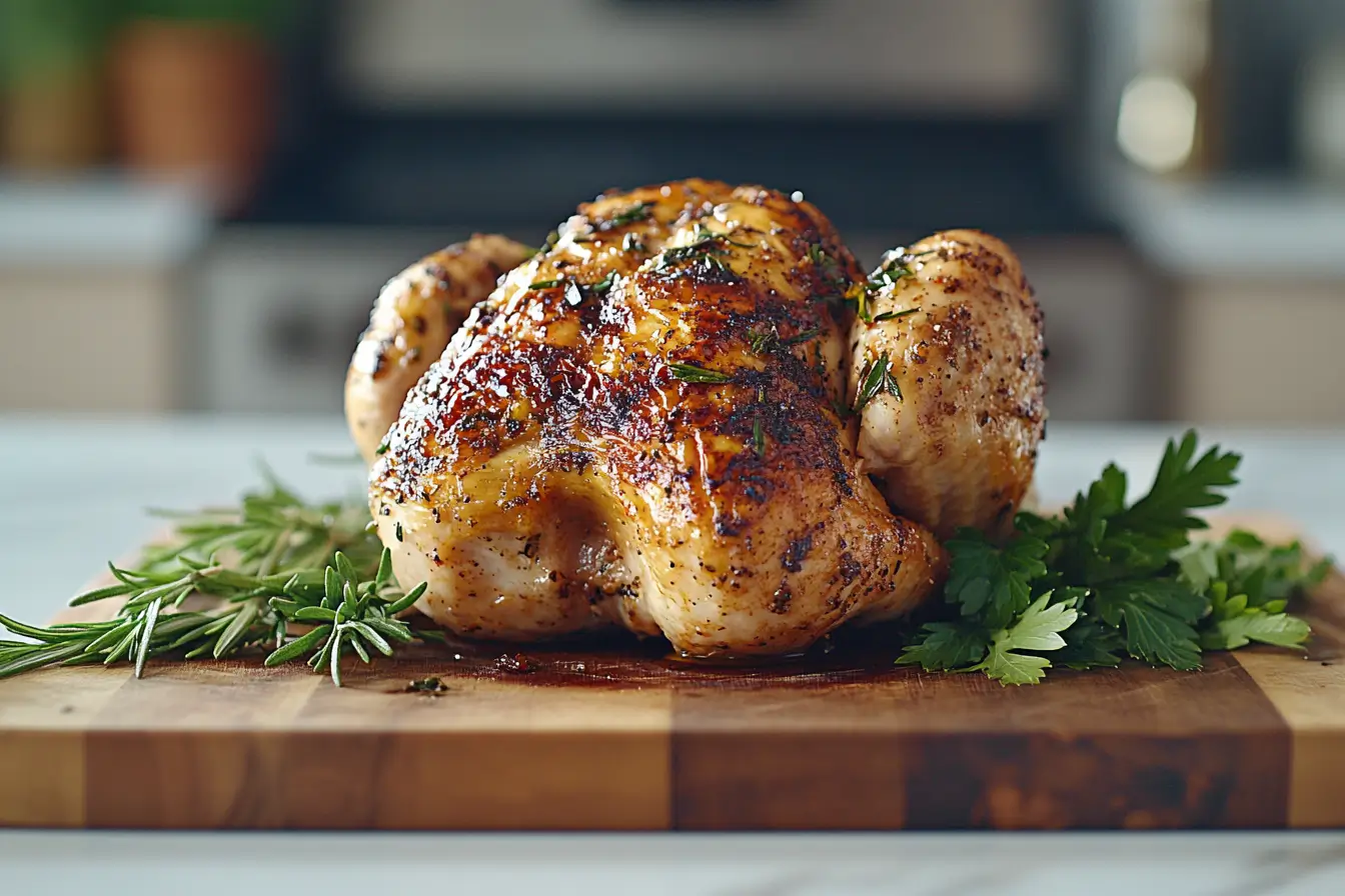 Costco rotisserie chicken on a cutting board with herbs.