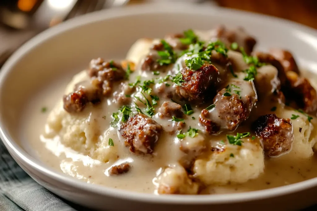 Country gravy with sausage bits served over flaky biscuits.