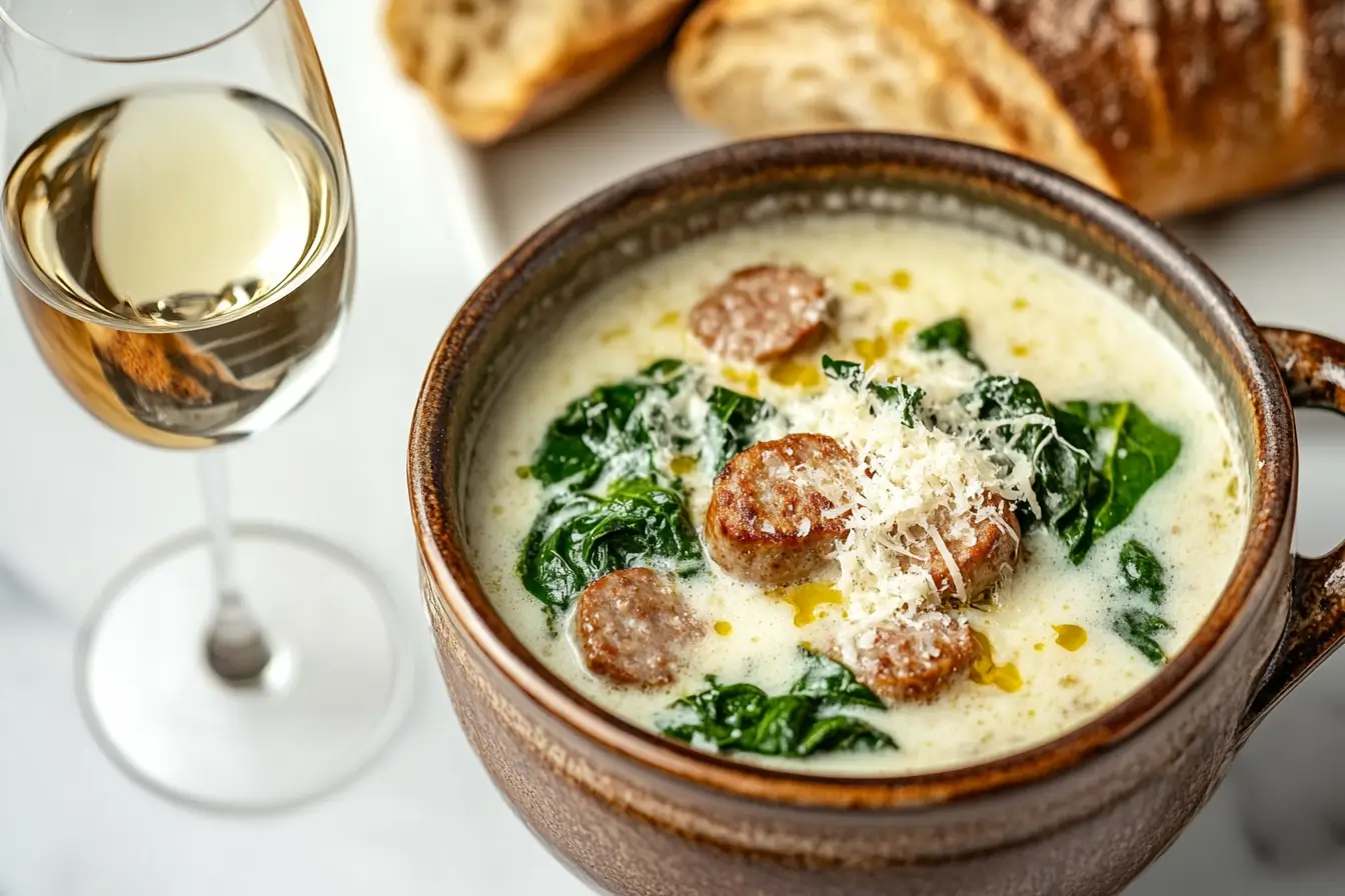 A bowl of creamy Parmesan Italian sausage soup garnished with spinach and Parmesan