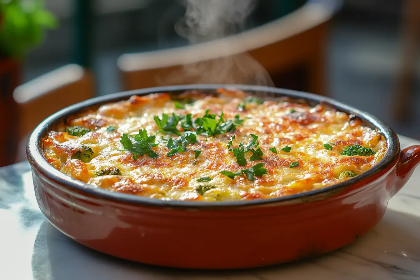 A perfectly baked broccoli casserole in a ceramic dish, garnished with fresh parsley