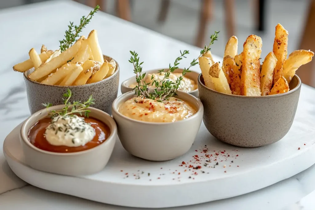 French fries paired with ketchup, garlic aioli, and cheesy gravy dips.