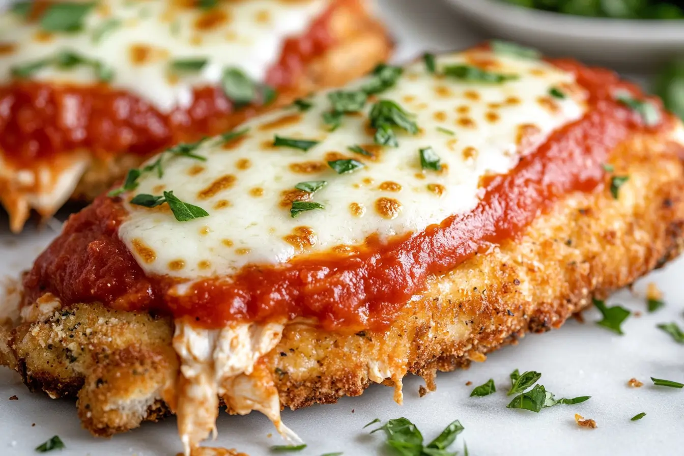 Close-up of Domino’s Chicken Parm Sandwich with melted cheese and marinara sauce.