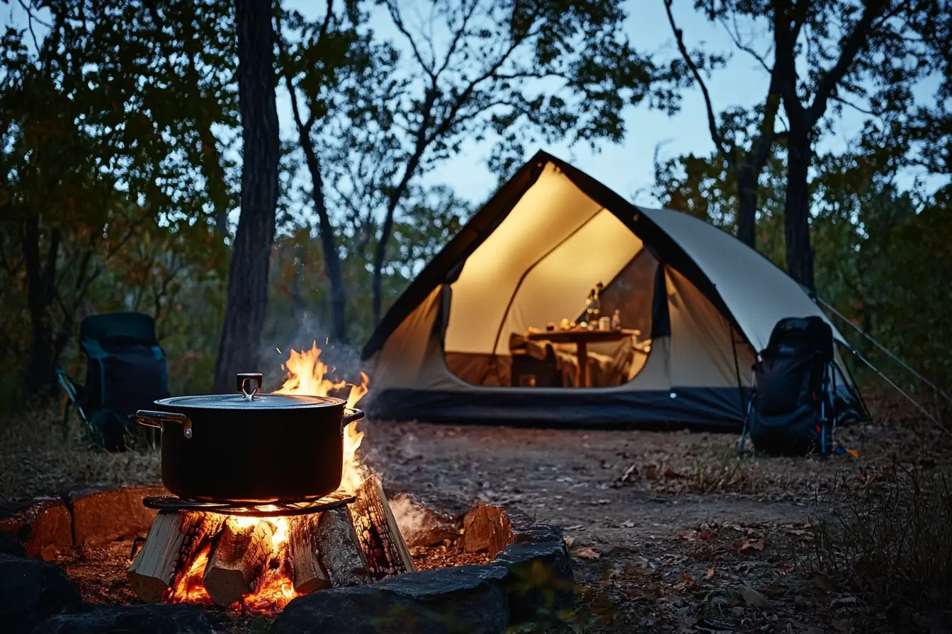 A glowing campfire with a Dutch oven cooking at a serene campsite at dusk