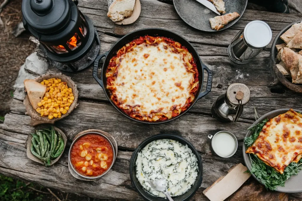 A Dutch oven lasagna with a full campsite dinner spread under lantern light