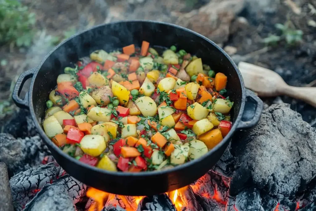 Close-up of a Dutch oven vegetable stew over a fire, surrounded by vibrant camping tools