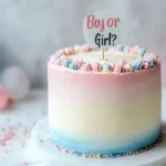 A stunning ombre gender reveal cake with pastel decorations.