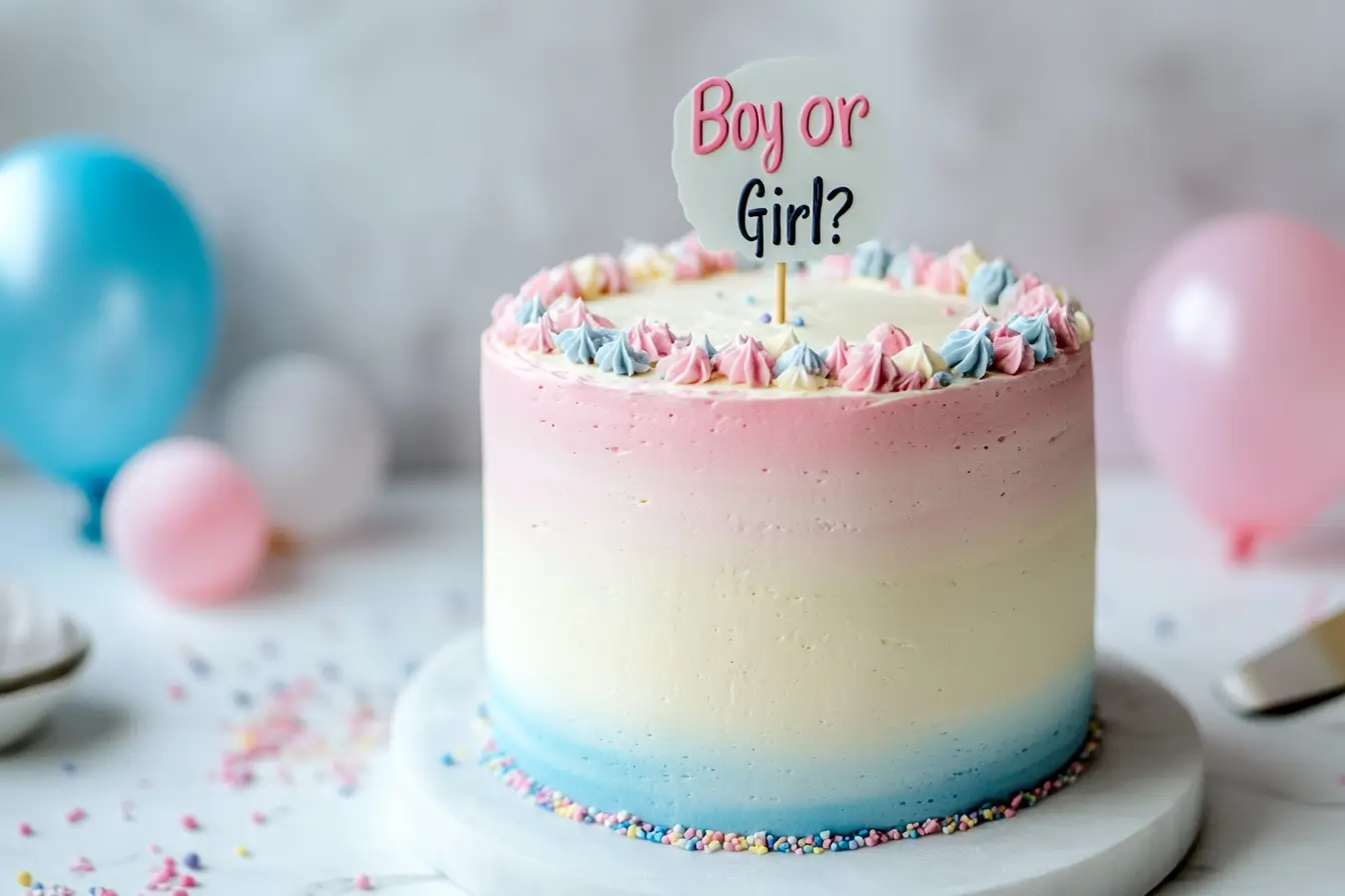 A stunning ombre gender reveal cake with pastel decorations.