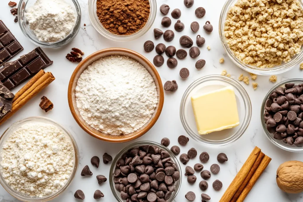 Baking ingredients for a choco chips cake recipe on a white marble countertop.