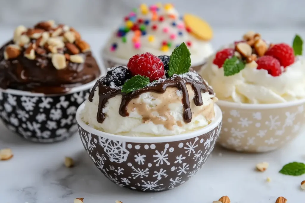 Bowls of snow cream in various flavors with garnishes.