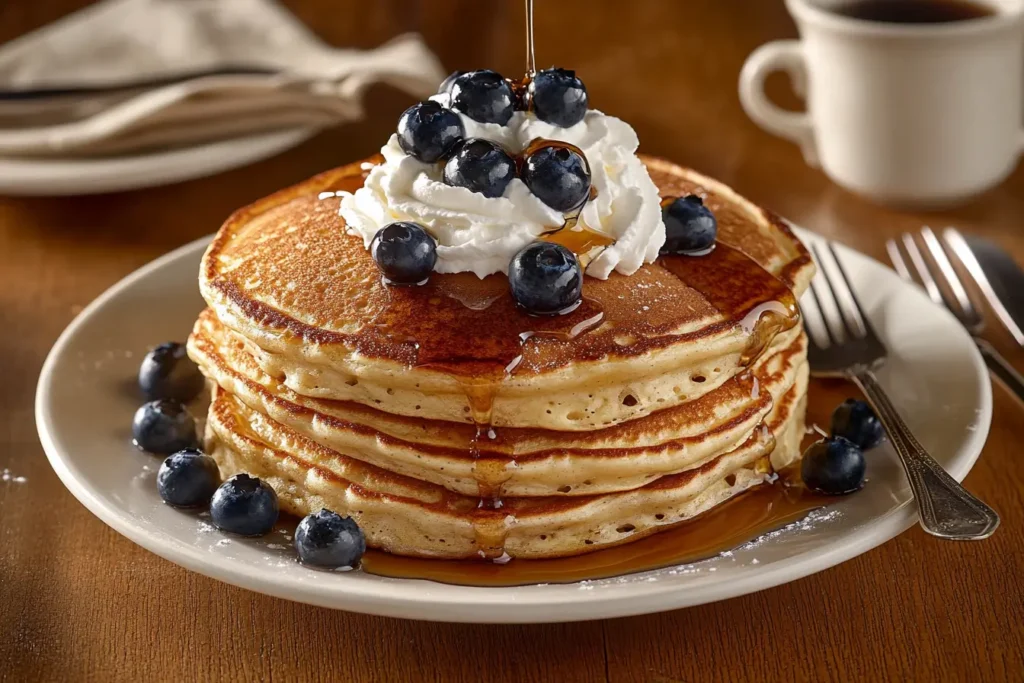 Stack of pancakes with blueberries and syrup