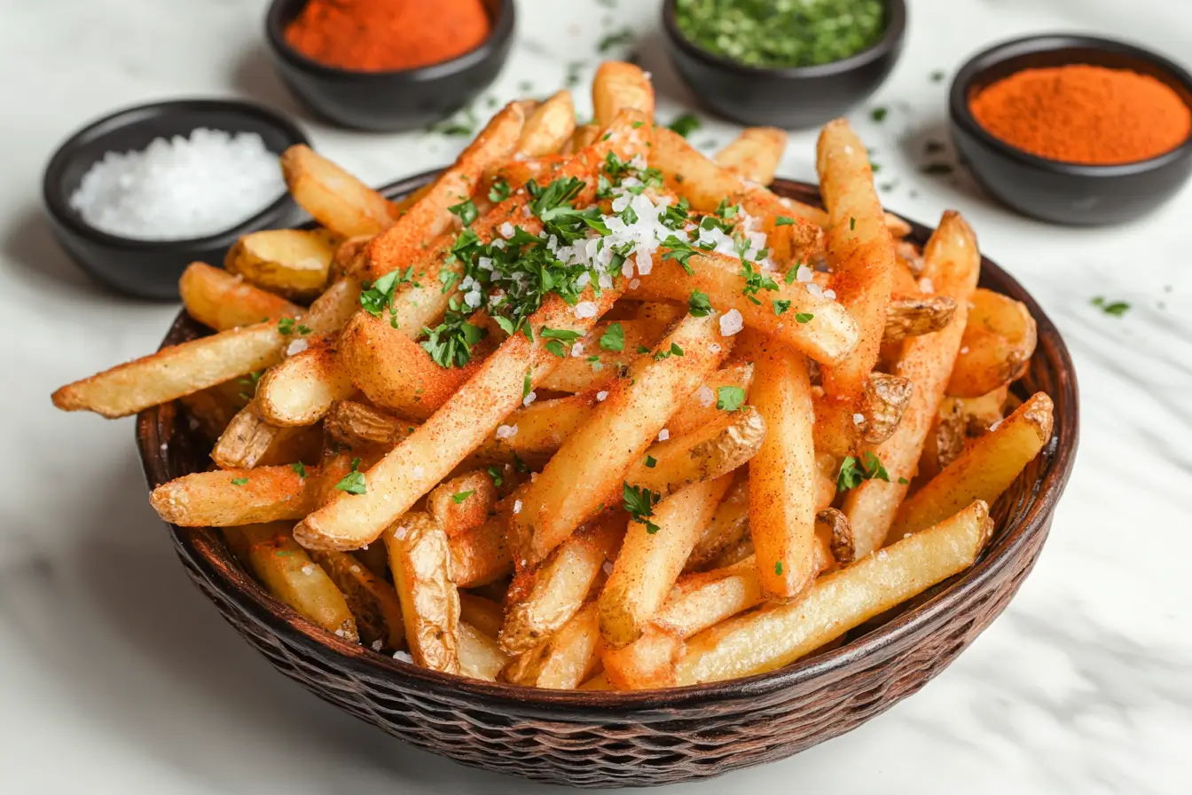 Crispy French fries dusted with vibrant seasoning and spices.