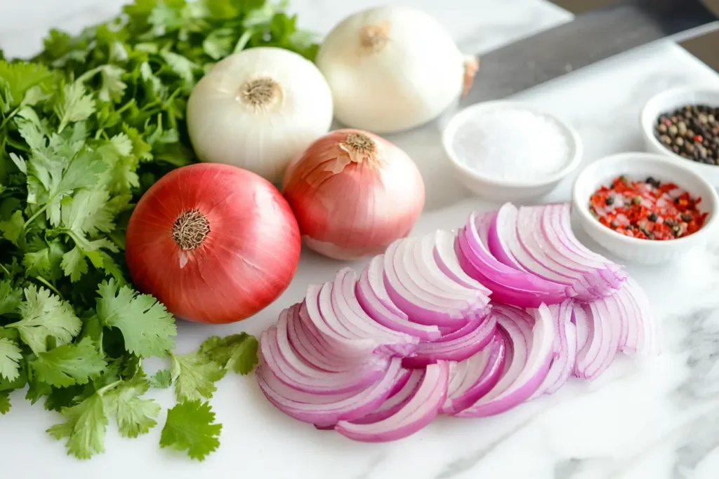 Fresh red, white, and Vidalia onions with cilantro, parsley, and spices on a white marble countertop