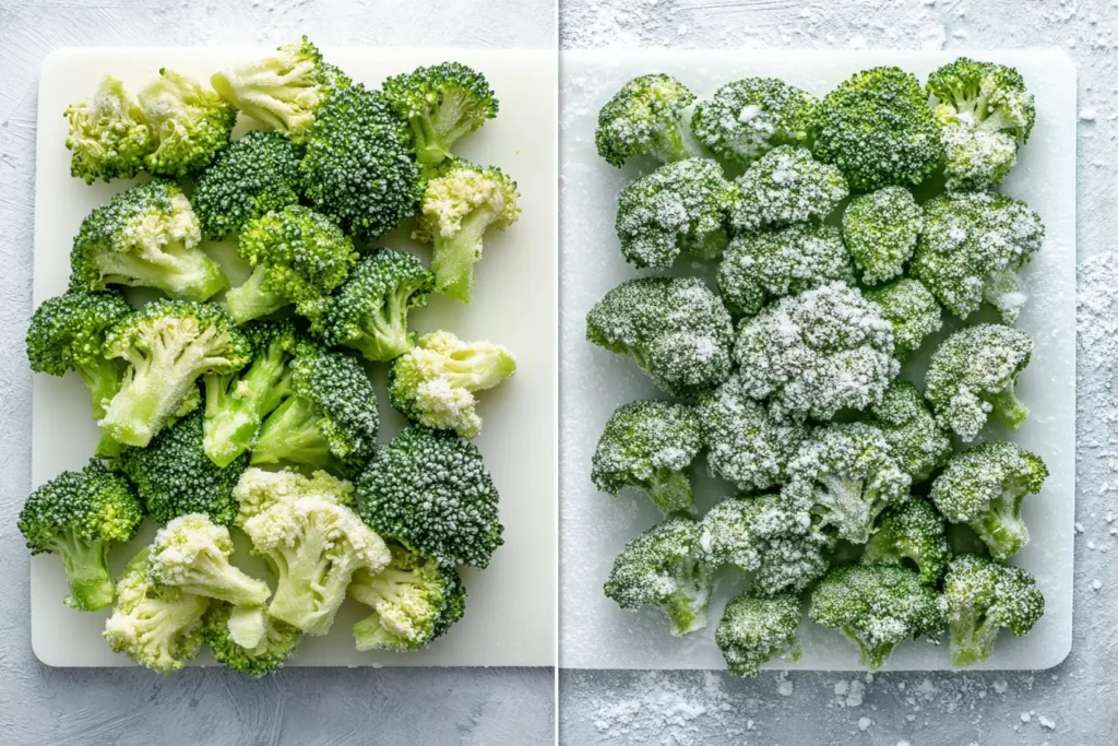 Side-by-side comparison of fresh broccoli and frozen broccoli on a white cutting board