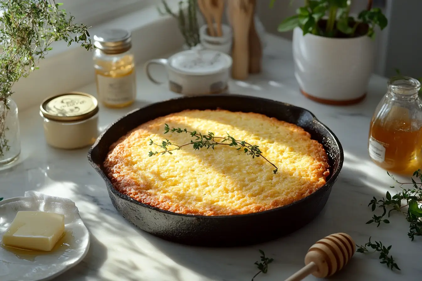 Golden cornbread in a cast-iron skillet surrounded by ingredients.