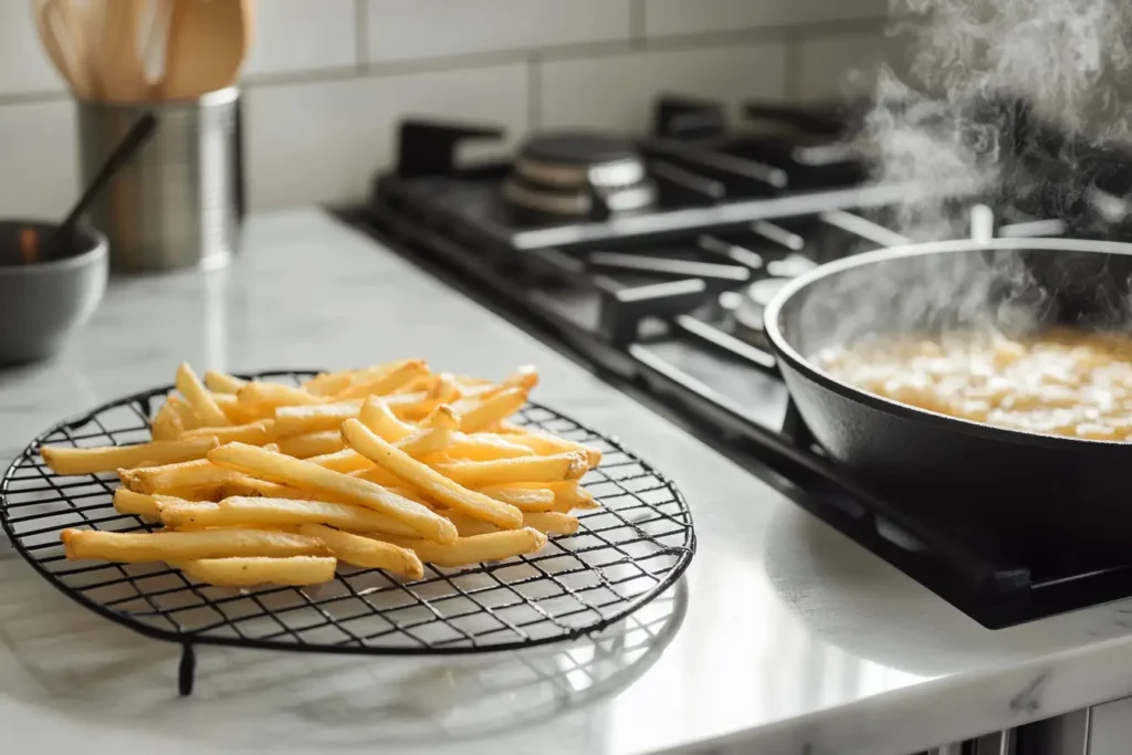 Golden fries cooling on a wire rack in a modern kitchen with a skillet of frying oil in the background.