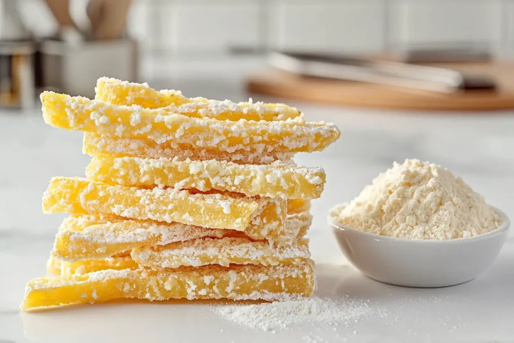 Golden French fries coated with rice flour and cornstarch on a white marble countertop.