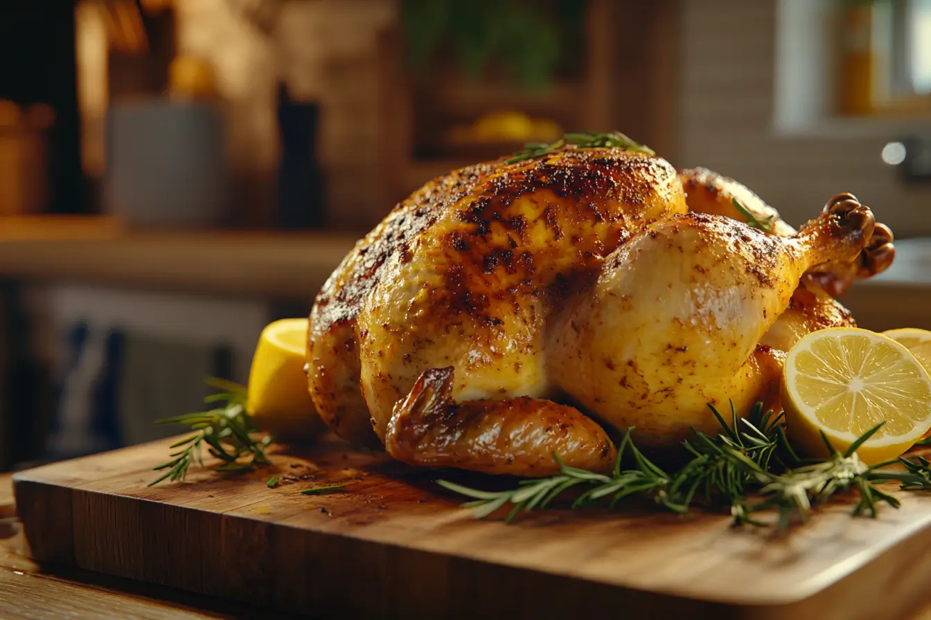 Freshly roasted rotisserie chicken with rosemary and lemon