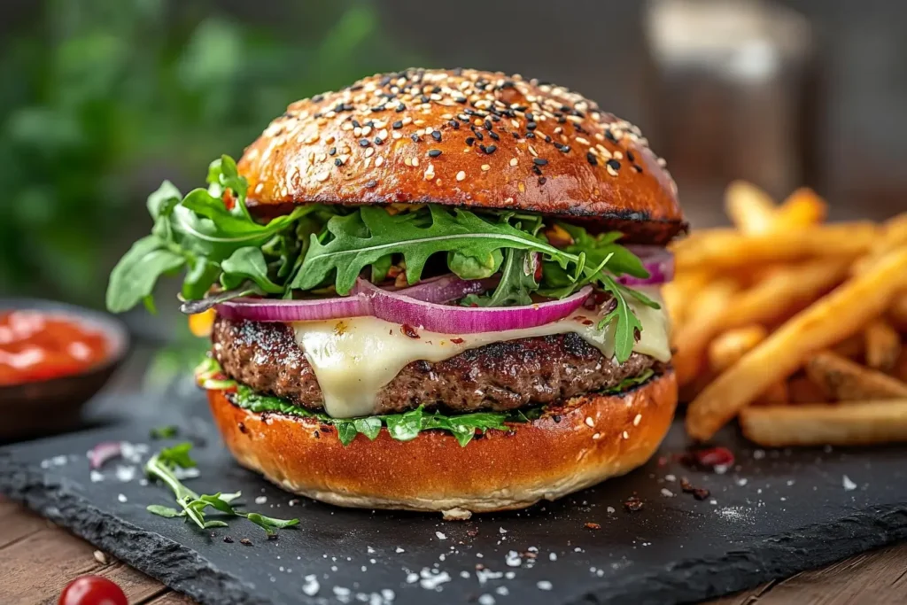 Gourmet burger topped with marinated cebolla ensalada, melted cheese, and fresh greens, served with crispy fries.