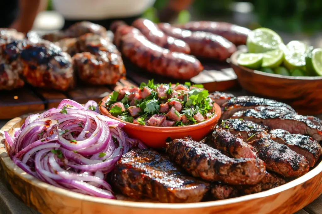 Cebolla ensalada served with grilled meats including steak, chicken, and sausages on a rustic picnic table