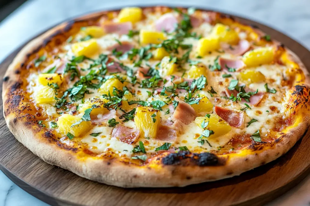 Hawaiian pizza with pineapple, mozzarella, cheddar, and ham