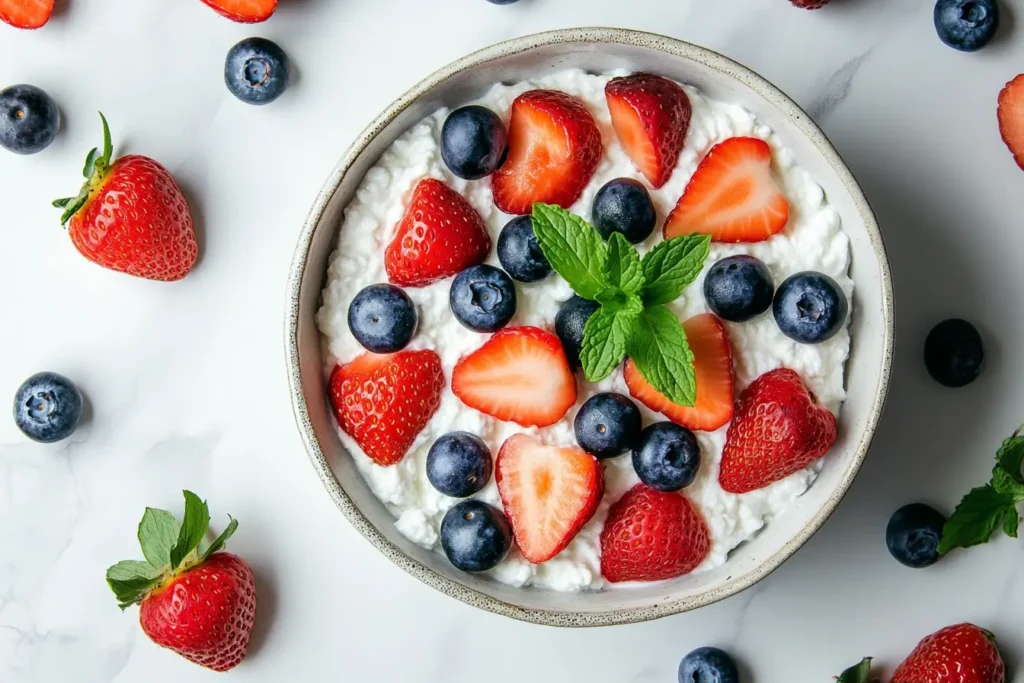 Bowl of cottage cheese with fresh fruits on a rustic table