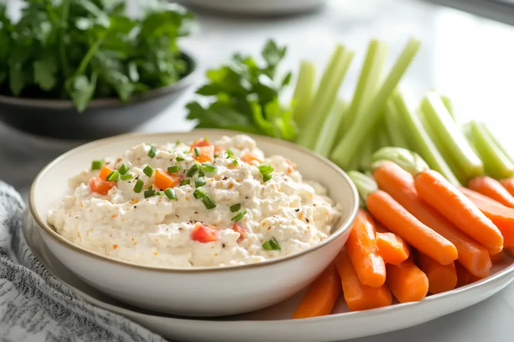 Cottage cheese dip with fresh vegetable sticks