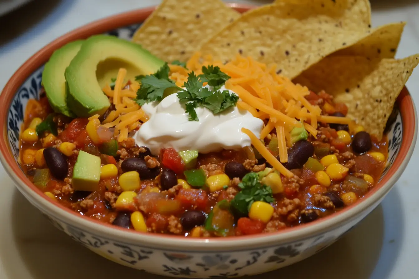 Taco soup frios garnished with sour cream, cheese, and avocado.