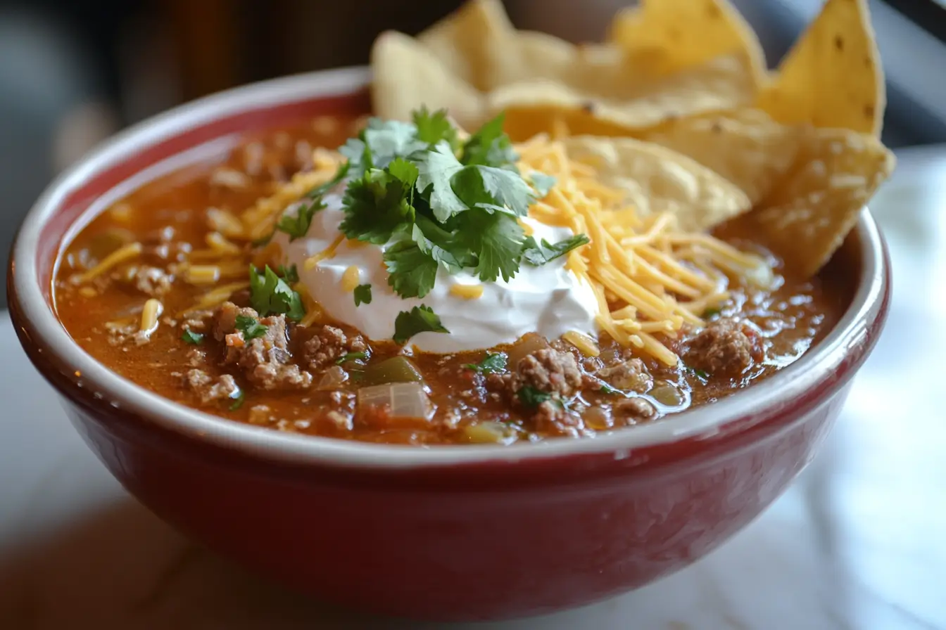 Thick taco soup topped with cheese and sour cream