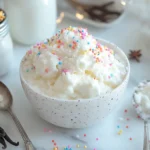 A bowl of creamy snow cream topped with sprinkles on a snowy table.